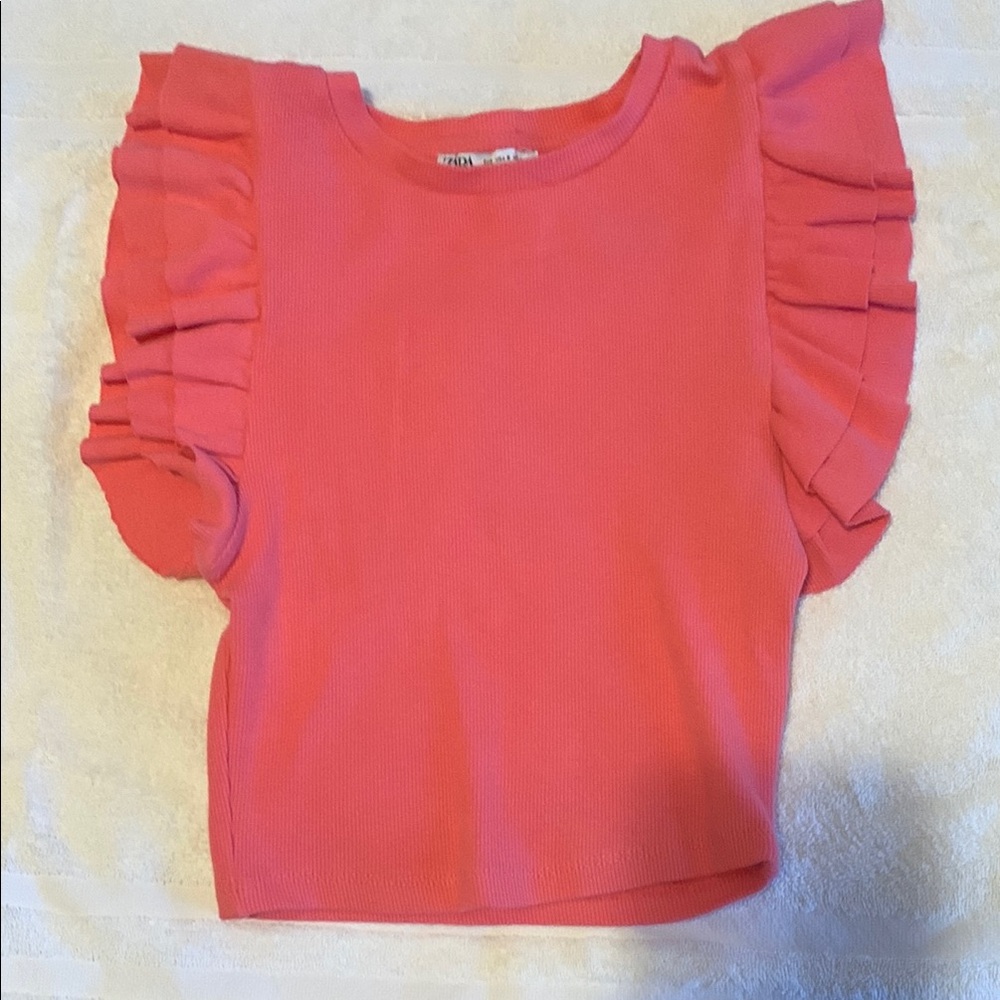 Pink Fitted Ruffle Tee with Rounded Neckline